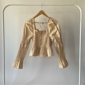 Topshop Satin Shirred Back Tie Smocked Blouse
